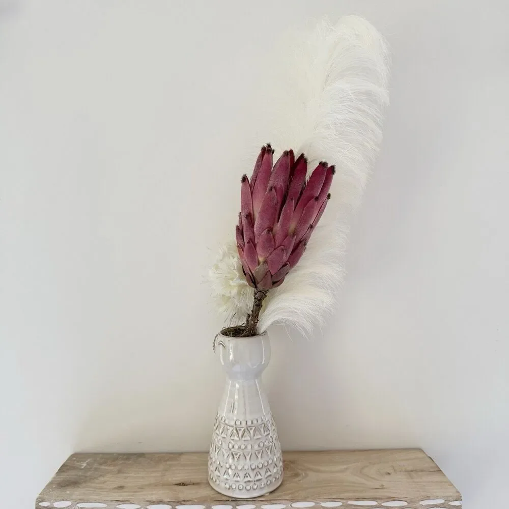 Handmade Faux Floral Island Lady Tall Arrangement Protea, Ball Flower, Feather